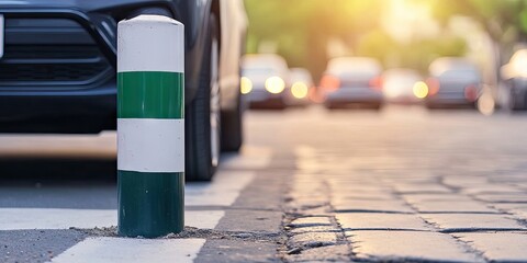 Car bending a white and green safety traffic post with the front bumper, improper parking, car insurance, fines, and penalties concept.