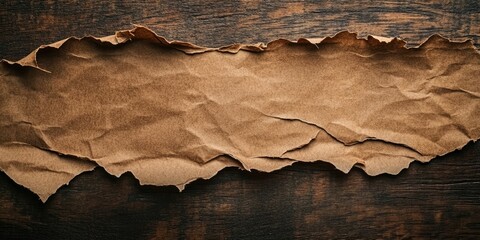 Poster - A torn piece of brown craft paper, photographed from above on a dark rustic wooden surface, featuring an area for text.