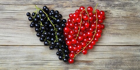 Poster - Black currants and red currants arranged in a heart shape on a wooden table.