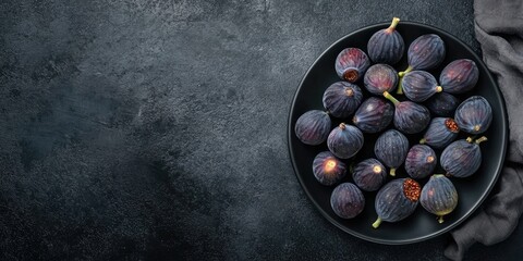 Aufkleber - Fresh figs on a black ceramic plate against a black concrete background Copy space Autumn harvest Fall Top view