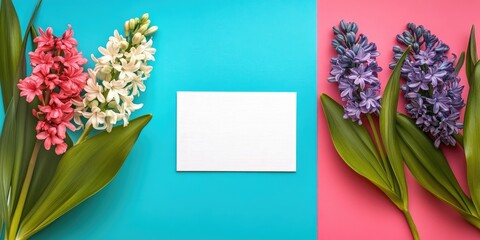 Poster - Flat lay arrangement featuring spring hyacinth flowers and a blank card on a colored background, with space for text.