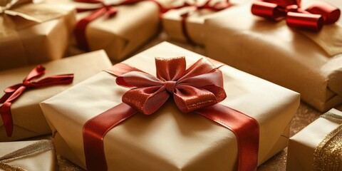 Poster - Top view of gifts adorned with ribbons on wrapping paper.