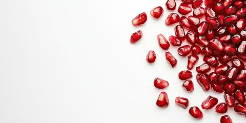 Poster - Background featuring red pomegranate seeds. The dispersed red grains of a pomegranate are set against a white background. Pomegranate at the edge of the image with copy space for text. Top view.