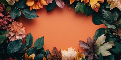 Leinwandbilder - Vibrant autumn leaves from trees and bushes. Leaf border. Template, empty for banners, postcards, posters, etc. Flat lay. Copyspace.