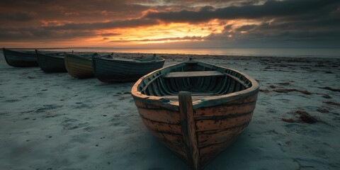 Aufkleber - a number of wooden boats on the beach after sunset