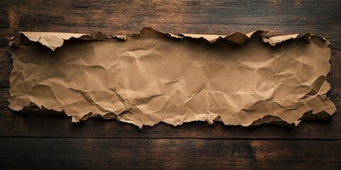 Poster - A torn piece of brown craft paper, photographed from above on a dark rustic wooden surface, featuring an area for text.