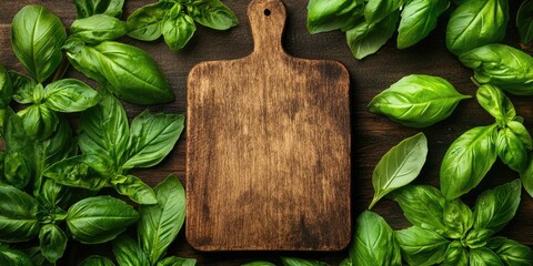 Poster - Empty wooden cutting board set against a background of various sweet basil leaves. Healthy food concept. Top view with copy space.