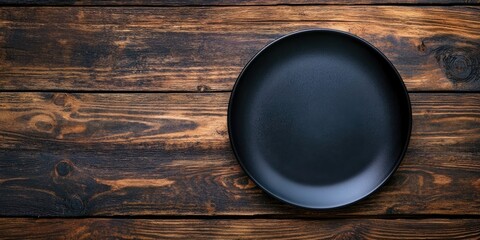 Aufkleber - Table arrangement featuring a vintage empty black plate on rustic wood. Dark backdrop. Top view. Copy space.