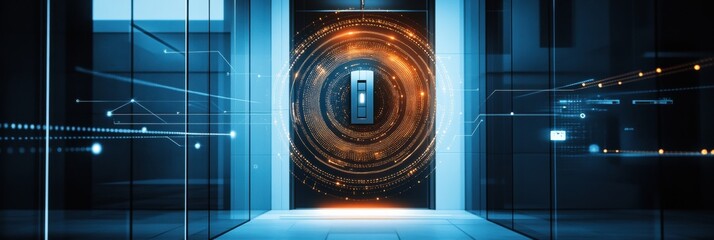 Poster - A modern home entrance equipped with smart security features, including cameras, motion sensors, and a fingerprint scanner for security. Generative AI