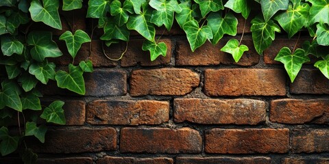 Poster - Green ivy leaves on a dark brown brick wall. Natural rustic backdrop. Copyspace.