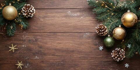 Poster - Christmas and New Year celebration on an aged wooden backdrop with copy space for your text. Top view image.