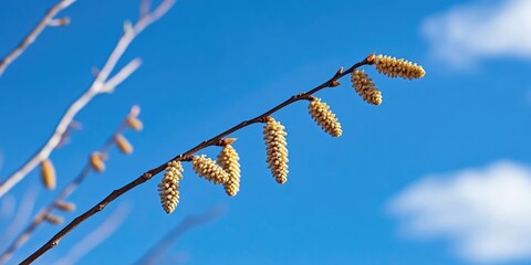 Poster - Spring birch catkins on a branch without leaves against a blue sky background. Birch catkins as an allergy trigger.