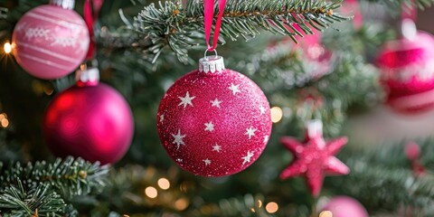 Wall Mural - Red and pink Christmas ornaments on the tree adorned with colorful star ribbons.