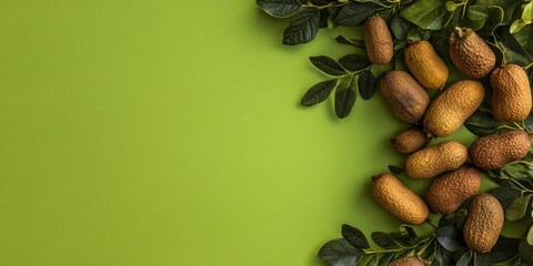Aufkleber - Tamarind fruit with seed isolated on a green background, featuring copy space for your text. Top view. Flat lay.