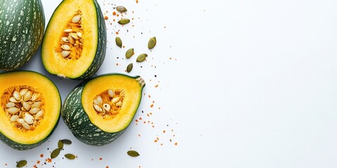 Poster - sliced green pumpkin on a white background with seeds and food styling, copyspace