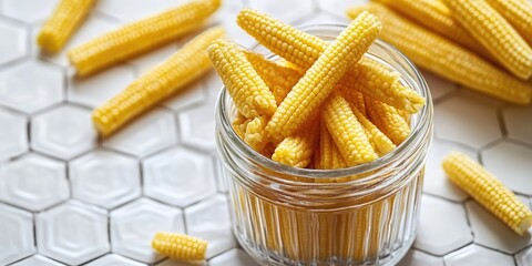 Poster - Delicious fresh yellow baby corns in a glass jar on a white tiled table, close up. Copyspace available.