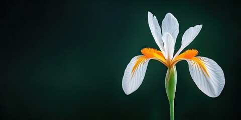 Aufkleber - Closeup of a white and orange African iris, also known as Fortnight lily or Morea iris. The flower stands alone against a dark green background. Copy space. Wallpaper. Dietes iridioides.