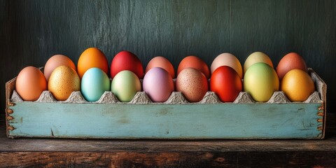 Aufkleber - A box filled with vibrant eggs on a rustic backdrop.
