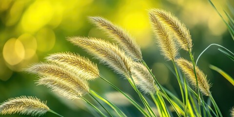 Poster - Close-up shot of tall green and yellow grass clusters. Copyspace for text, background.