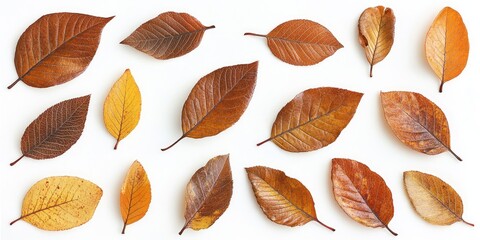 Poster - A collection of autumn walnut leaves on a white background, seen from above.