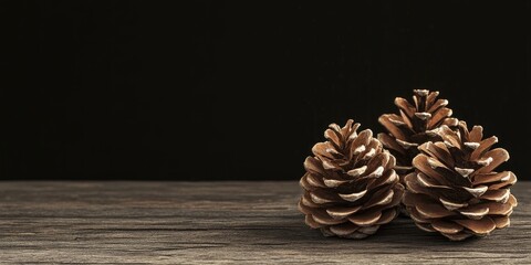 Poster - Fir cones on a wooden table against a black background, idea for Christmas and New Year, blank space for designers, close-up, copy space.