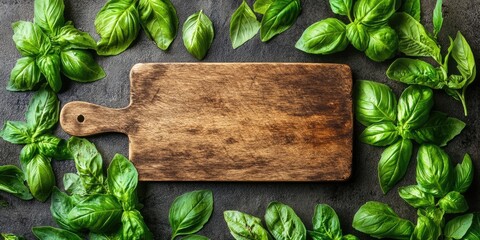 Poster - Empty wooden cutting board set against a background of various sweet basil leaves. Healthy food concept. Top view with copy space.