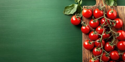 Poster - Cherry tomatoes on a wooden board against a green background. Copy space.