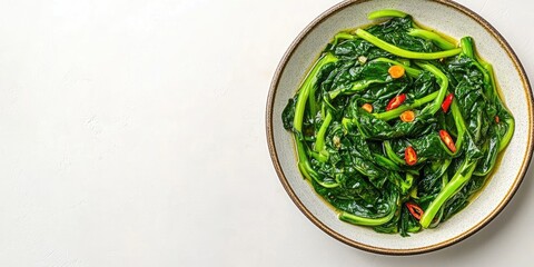 Poster - Stir-fried water spinach, also known as cah kangkung or morning glory, appears glossy due to the broth. Isolated with copy space on a white background.