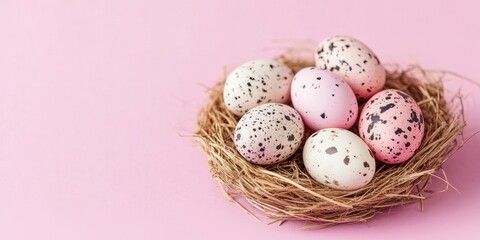 Aufkleber - Easter nest featuring delicate speckled or spotted quail eggs set against a pink background, with copyspace for use as an Easter or spring background.