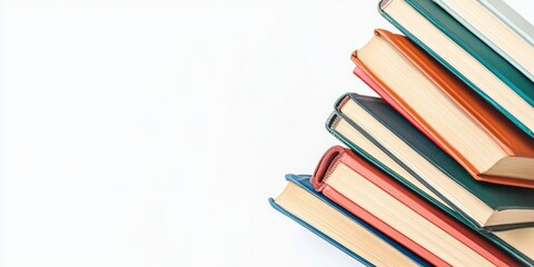 Poster - stack of books isolated on white / books viewed from above / Reading and books are crucial for personal growth, acquiring knowledge, and achieving success in our careers, business, and personal lives.