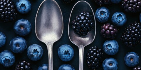 Poster - Close-up of blueberries and blackberries around two spoons.