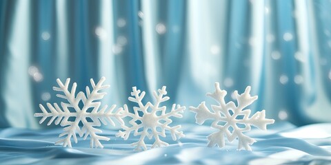 Poster - Contemporary Christmas arrangement featuring three white snowflakes on a pastel blue backdrop in front of a shiny blue curtain. Artistic New Year idea with copy space.