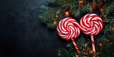 Aufkleber - Holiday banner - Two lollipops and fir placed inside round tinsel on a black background. Christmas banner, space for text.