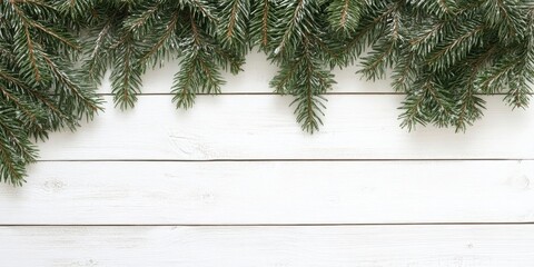 Fototapete - Spruce branches on a white wooden background.