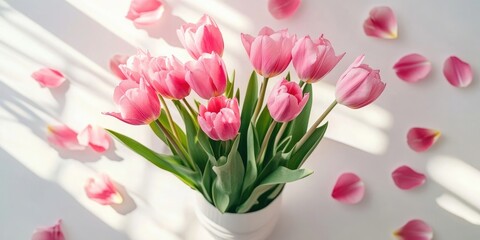 Aufkleber - Pink tulips in a vase against a white background, surrounded by a frame of fallen petals.