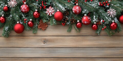 Aufkleber - Christmas Border - fir branches adorned with red baubles, bells, and snowflakes on a wooden backdrop.