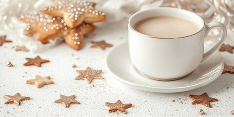 Aufkleber - Morning white coffee cup, biscuits Glazed stars and Christmas ornaments, on a high-key white background, copy space.