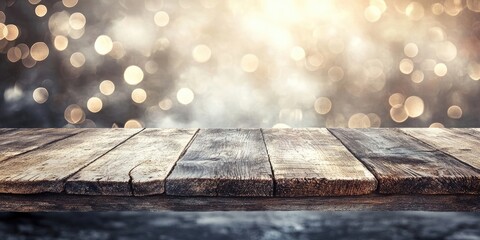 Aufkleber - aged wooden tabletop against a grey bokeh background