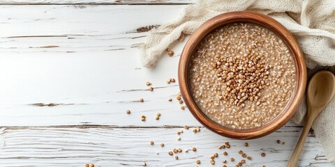 Aufkleber - Brown bowl of delicious buckwheat porridge on a white wooden table. Top view with copyspace.
