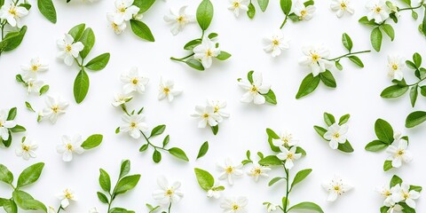 Aufkleber - A collection of lovely jasmine flowers and branches isolated on a white background in close-up. Top view. Copy space.