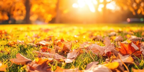 Poster - Sunlight shines on the fallen leaves on the grass during autumn.