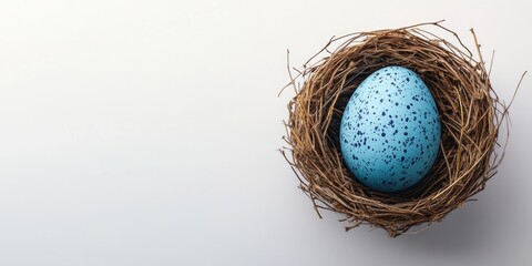 Poster - Blue speckled Easter egg and nest on a white background. Easter holiday. Flat lay. Top view.