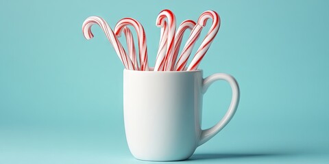 Poster - candy canes in a white mug set against a blue background