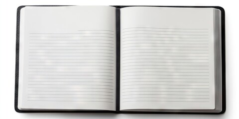 Fototapete - blank open notebook featuring lined pages set against a white background
