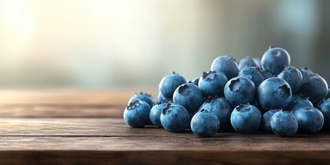 Poster - A pile of blueberries on a wooden table, with copyspace.