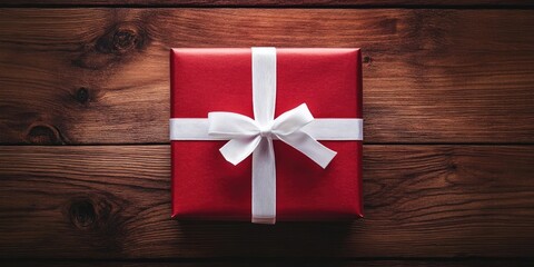 Aufkleber - red gift box with white ribbon on a wooden background for Valentine's Day