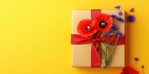 Leinwandbilder - Gift box with a red ribbon, red poppies, and cornflowers on a yellow background. Top view. Copy space.