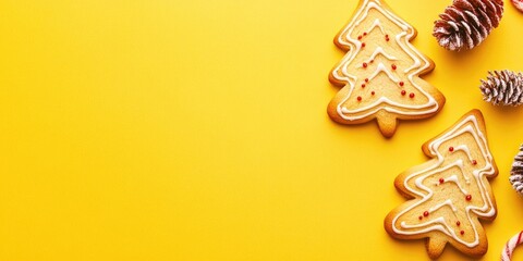 Aufkleber - Christmas cookies on a yellow background with copy space. Top view. Flat lay. Stylish colorful photo. Minimalist design with a vibrant paper backdrop. Christmas theme.