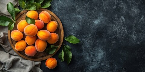 Poster - Apricots placed on a wooden plate on a table.