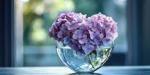 Aufkleber - Heart-shaped hydrangea flower in a glass vase on a table.